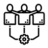 Icon of three figures connected by a gear
