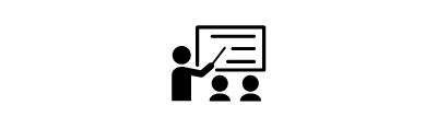 Icon depicting instructor-led training with a silhouette figure pointing to a presentation to two learners