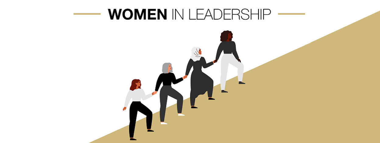 Women in Leadership showing four diverse women holding hands and climbing an incline.