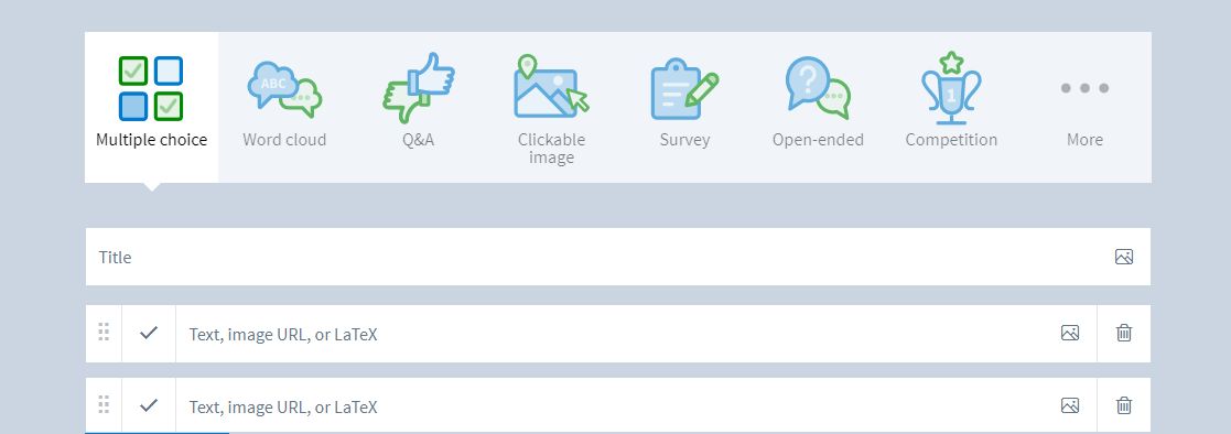 screenshot of the poll types in poll everywhere software - multiple choice, word cloud, q and a, clickable image, survey, open ended, competition