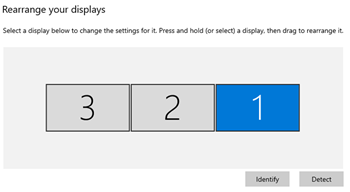rearrange displays Screenshot of three monitor boxes with numbers to rearrange the display order in settings.