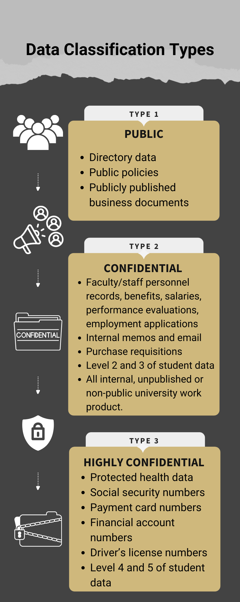 Infographic summarizing the three types of data classification and what each type includes.