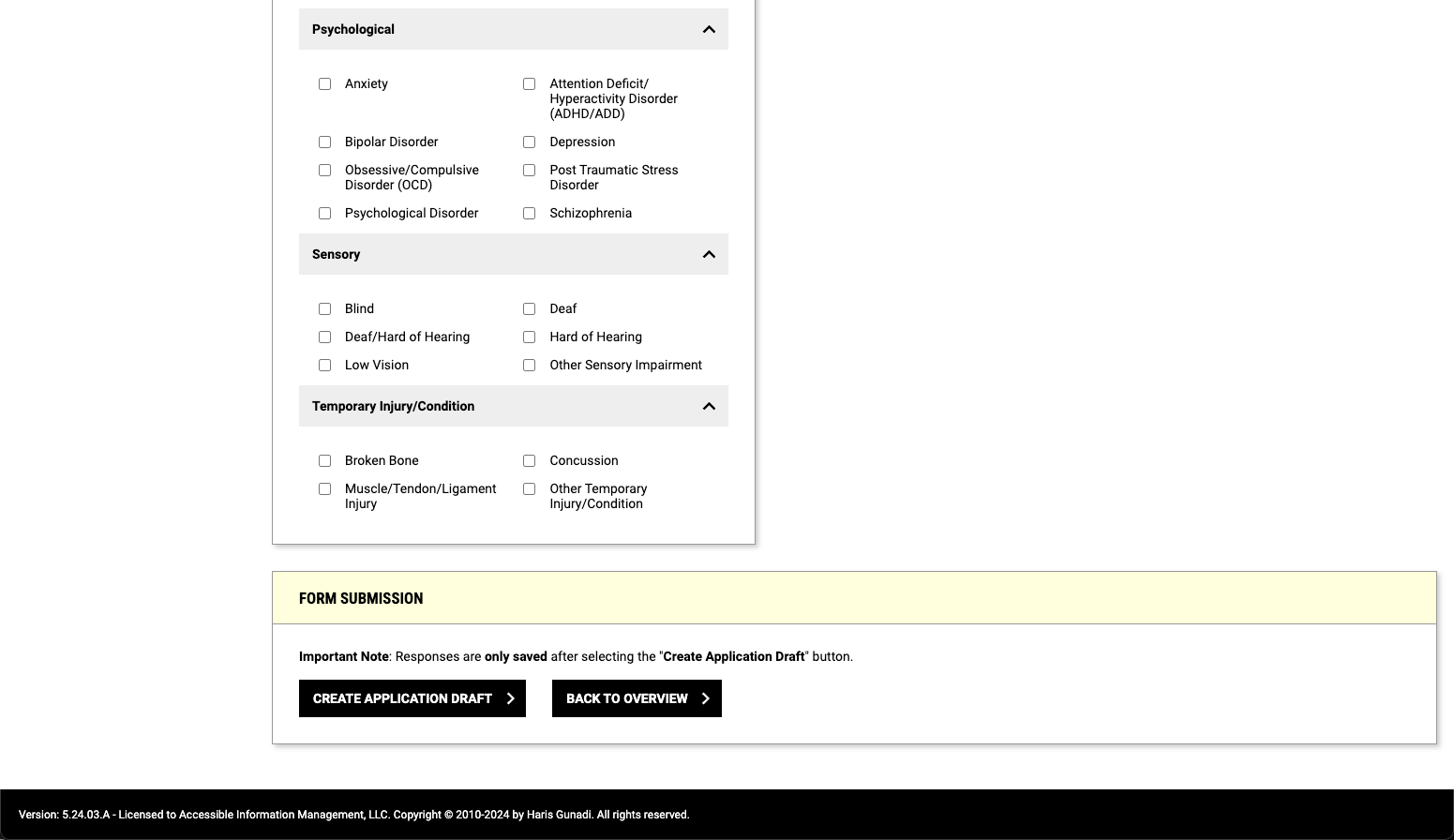 AIM Screen showing a list of secondary disabilities and buttons labeled create application draft and back to overview