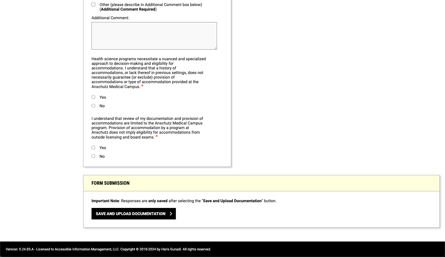 AIM screen showing the bottom of a list of questions with a button labeled save and upload documentation