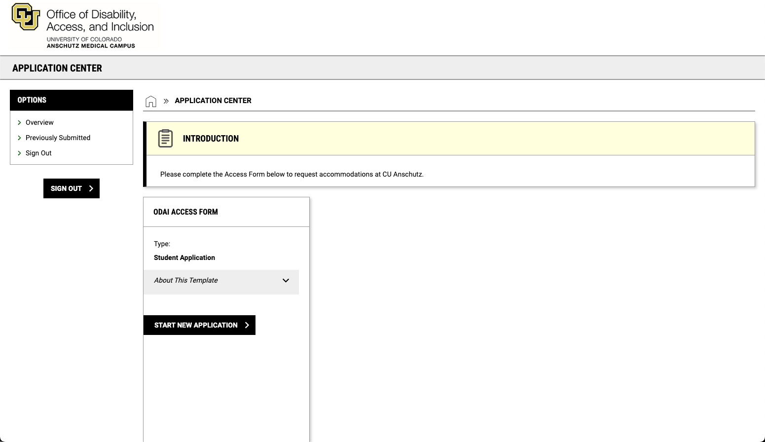 AIM screen with tile labeled ODAI Access Form and a button that says start new application