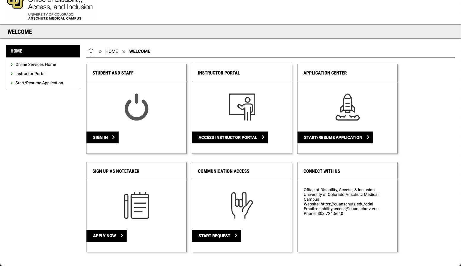 AIM homescreen with left menu and six tiles, from left to right, top to bottom: Student and Staff, Instructor Portal, Application Center, Sign Up As Notetaker, Communication Access, and Connect with Us