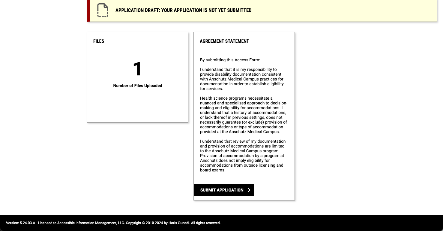 AIM screen with agreement statement and button labeled submit application