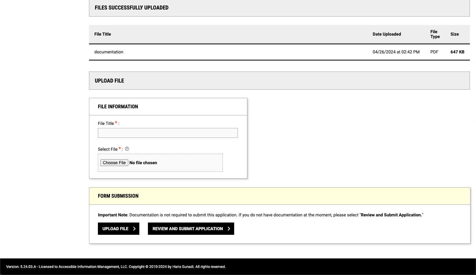 AIM screen with a file upload box and two buttons labeled upload file and review and submit application