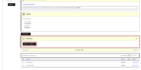 A screenshot showing how to export a list of student accommodations