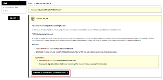 Screenshot of the access policy page, reminding faculty of the confidentiality of student information