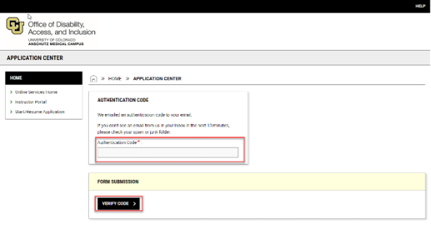 Screenshot of where to enter your authentication code