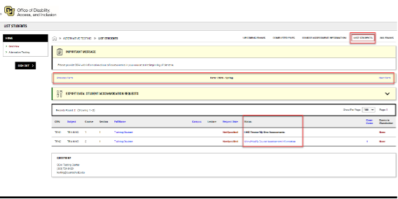 Screenshot showing the list of students and their scheduled exams.