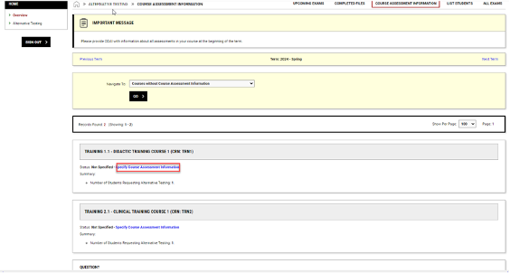 Screenshot showing where to click to enter course assessment information for a specific course