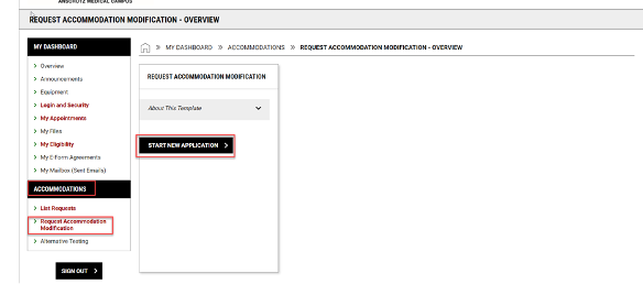 A screenshot of where to go to request accommodation modifications.