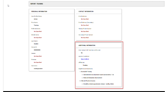 Screenshot showing where to view a student's accommodations