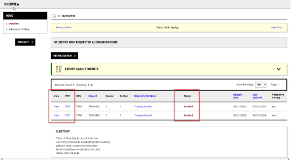 A screenshot of how to view a student's accommodations and showing the status column