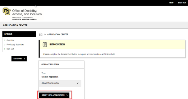 Screenshot of how to start a new application for accommodations