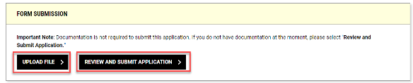 Screenshot of the Upload File and Review and Submit Application buttons