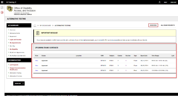 A screenshot showing a list of scheduled exams