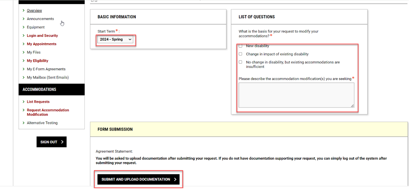 Screenshot of information required to request an accommodation modification