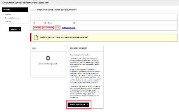 A screenshot of the page allowing you to review your application and the Submit Application button