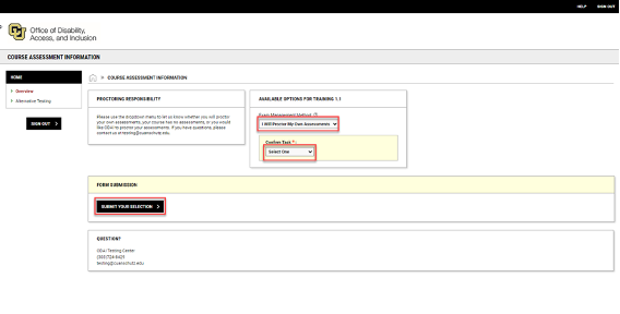 Screenshot showing how to let ODAI know who will be proctoring accommodated assessments