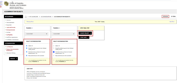 A screenshot of how to select and submit accommodations for courses.