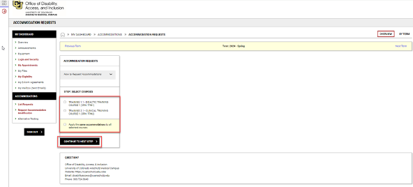 A screenshot of how to select your courses for accommodation requests.