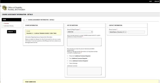 Screenshot showing the course assessment information section of the test proctoring request process