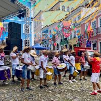band playing instruments on a street in Brazil