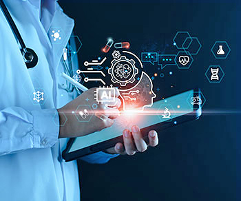 Graphic of physician using montage of AI tools