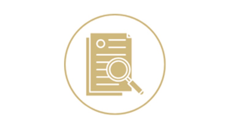 Research icon in gold with image of person and text