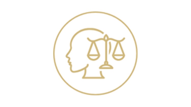 Clinical Ethics icon in gold of face & balance scale