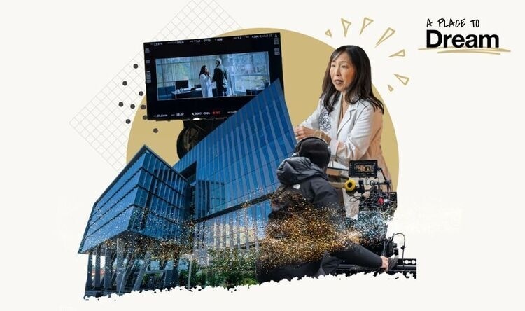 A collage of images including Anschutz Health Science Building, a camera operator, and a doctor. The top right corner says 'A Place to Dream.'