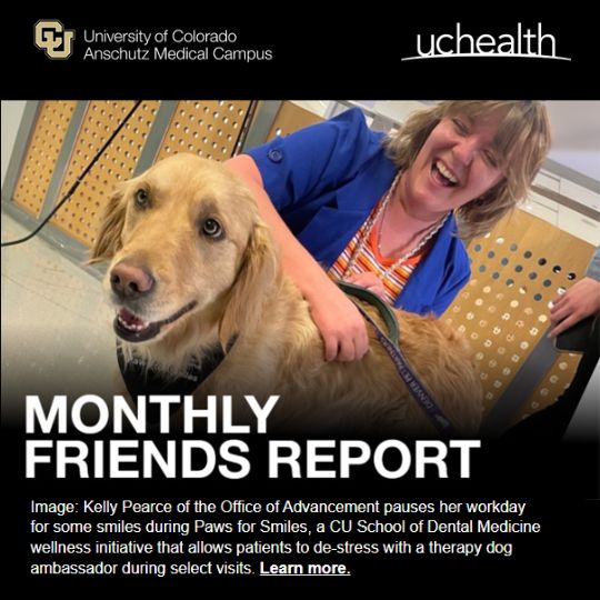 Monthly Friends Report July 2024 - Person laughing as they pat a Golden Retriever service dog.