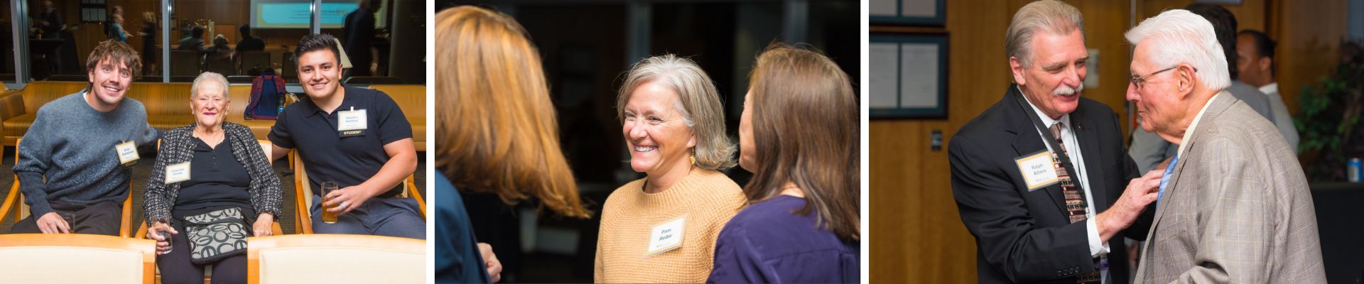 Collage of event photographs taken during the scholarship reception, showing students and benefactors conversing.