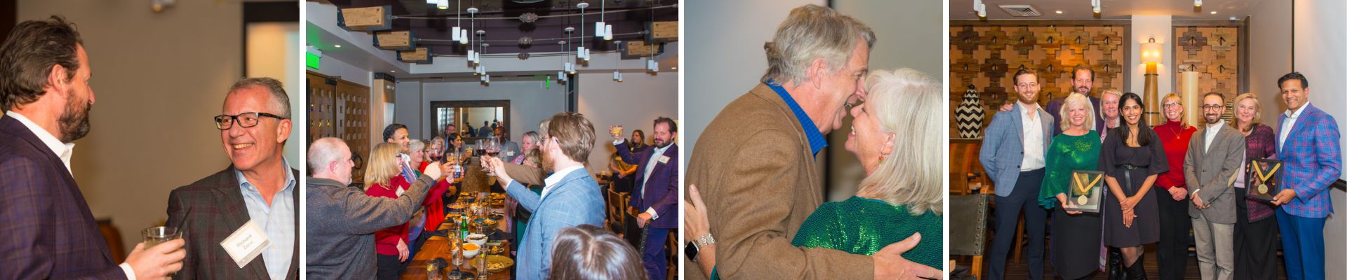 Collage of endowed chair event pictures showing guests, a toast and medallion recipients.