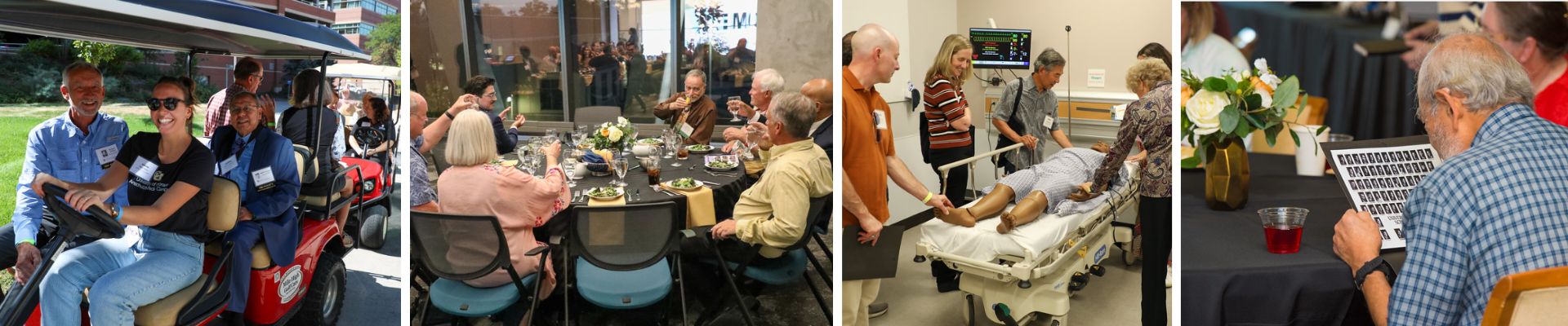 Collage of professionally taken photos showing reunion guests undertaking campus tours and enjoying class dinners.