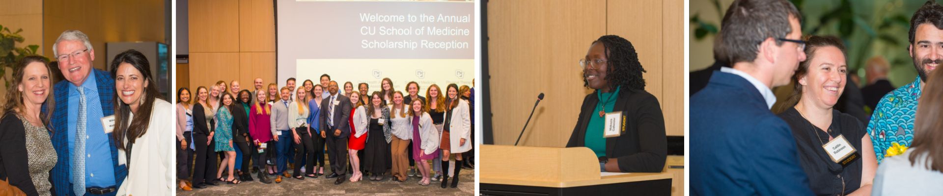 Horizontal photo collage of students and benefactors at the 2024 School of Medicine Scholarship Reception.