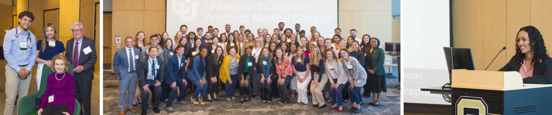 Collage featuring speakers, benefactors and students at the 2025 CU School of Medicine scholarship celebration.