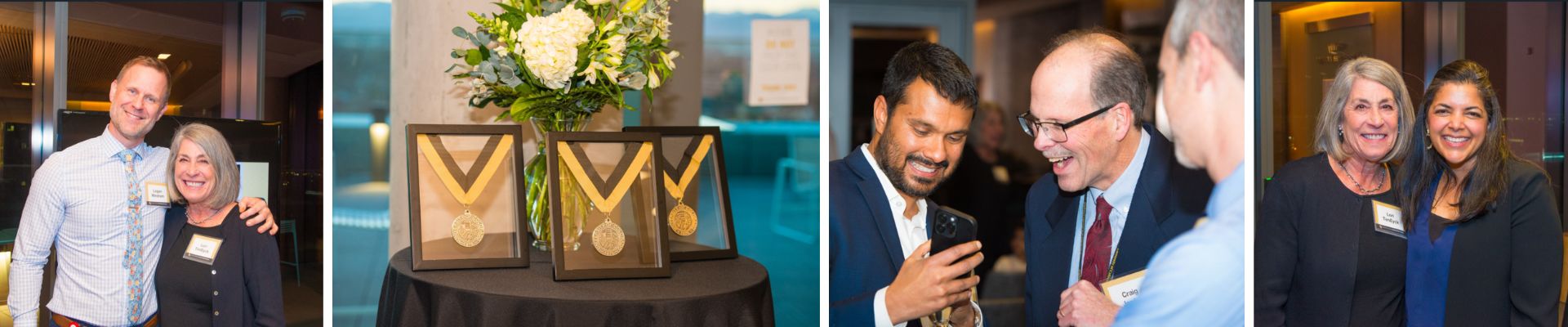 Collage of photos taken during celebratory event showing newly appointed endowed chairs and the medallions. 