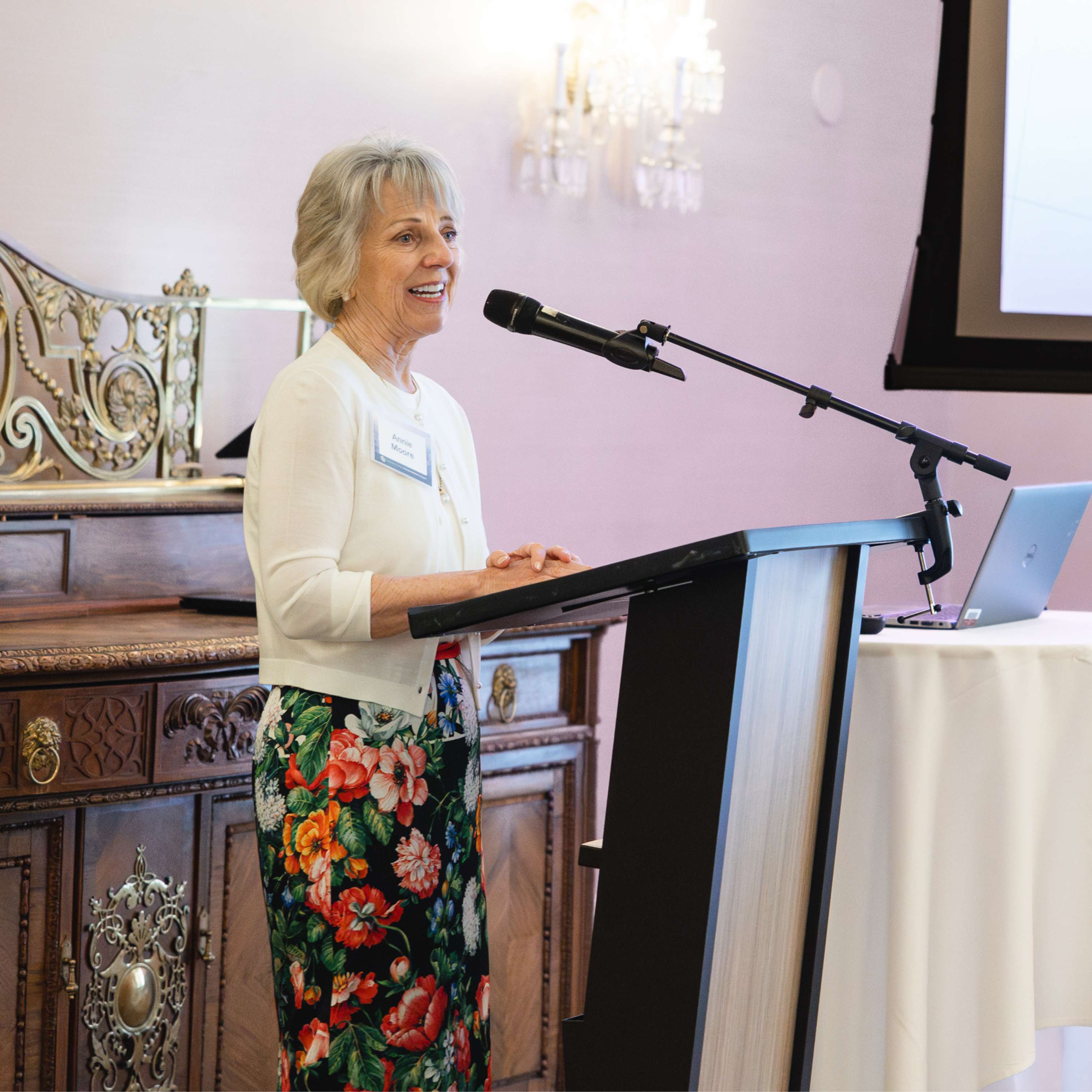 Anne More addressing event attendees at the Brown Moore Endowed Chair celebration.