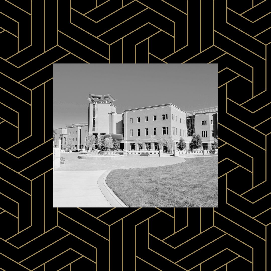 Black and white image of the library at CU Anschutz over a black and gold geometric pattern