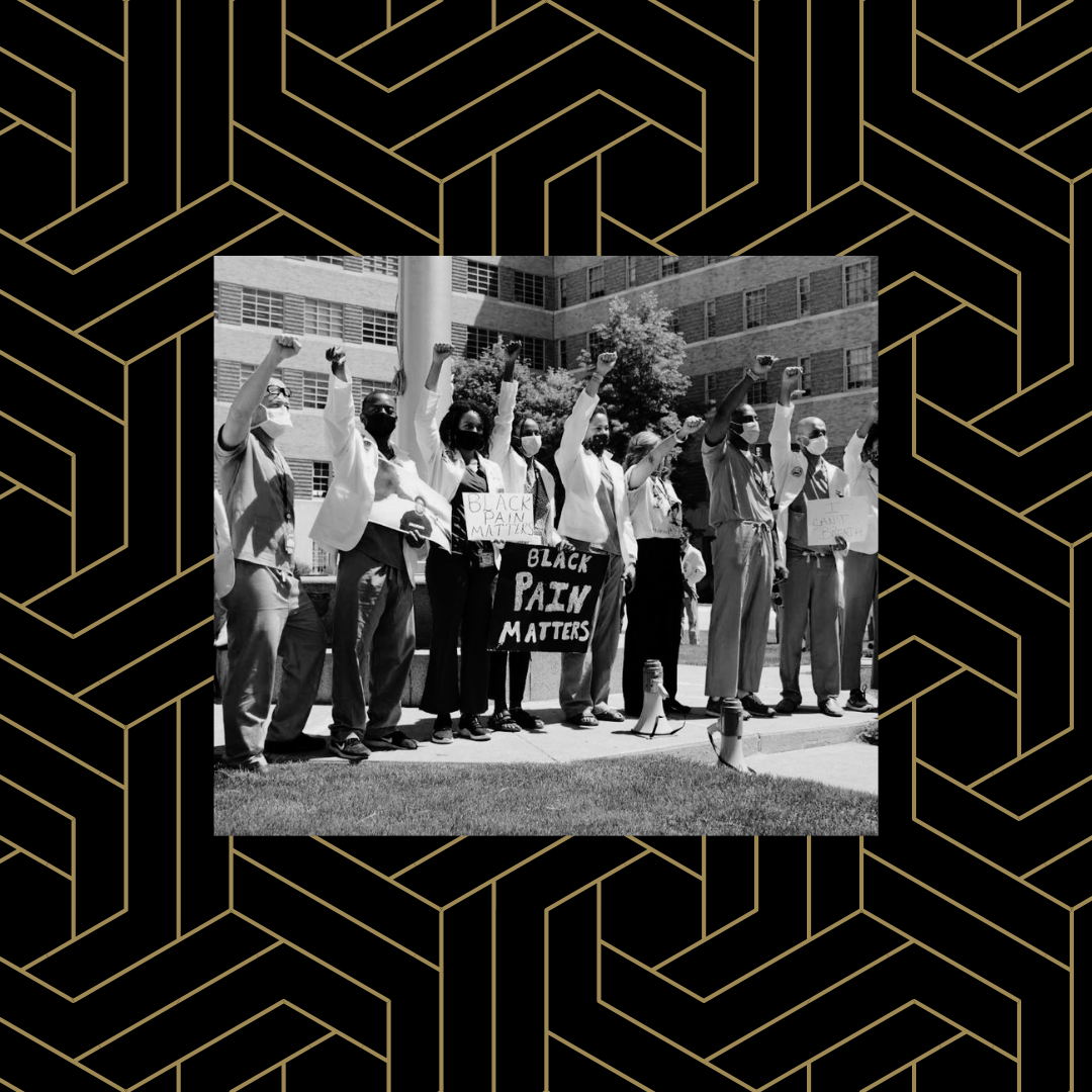 Black and white image of a Black Lives Matter demonstration on campus over a black and gold geometric background.