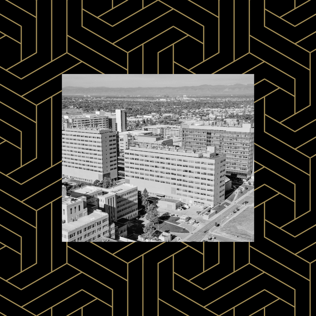 Black and white image of an aerial view of the Anschutz Medical Campus over a black and gold geometric background.