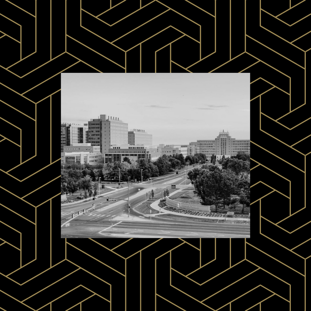Black and white image of CU Anschutz from a distance over a black and gold geometric pattern