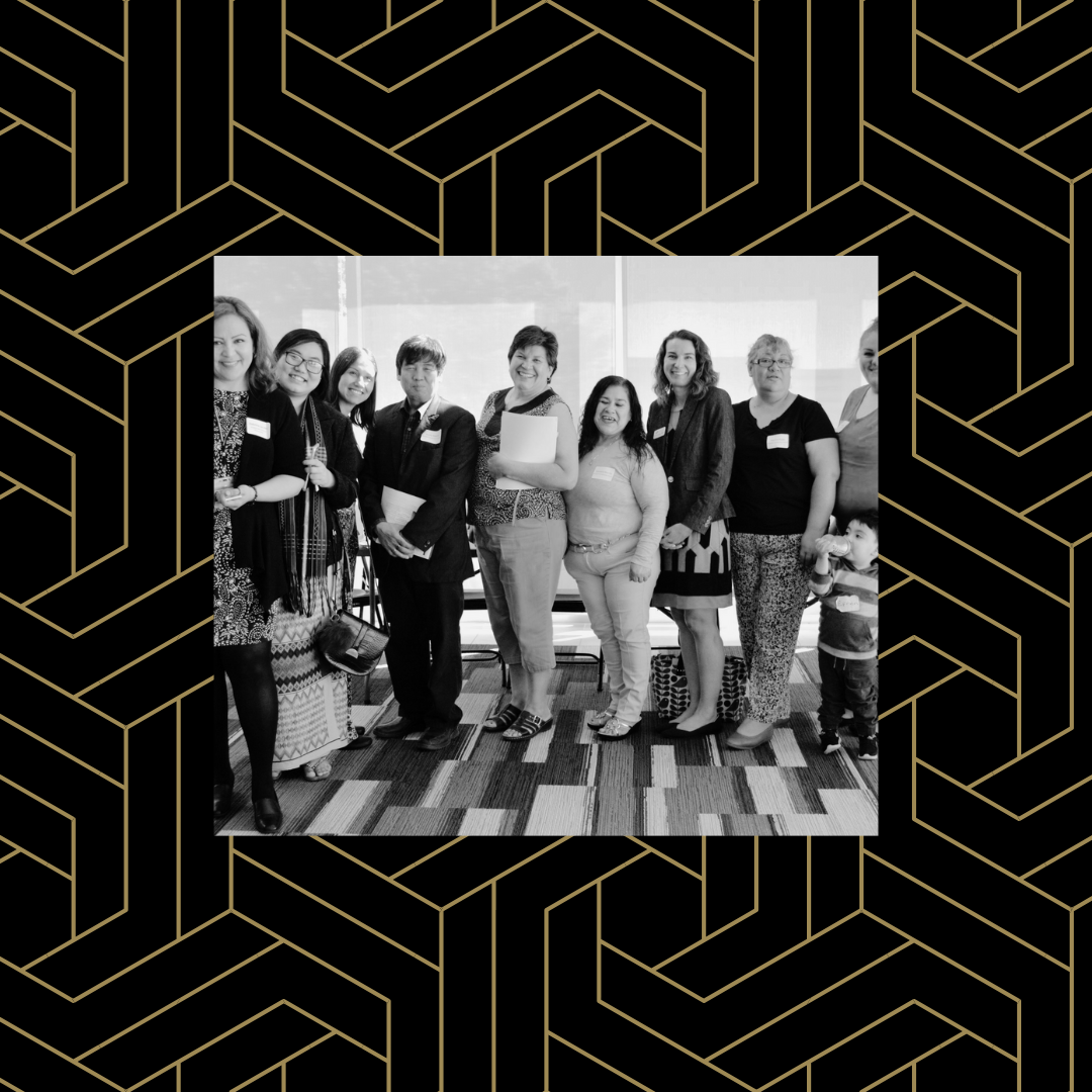 Black and white image of the Resident Leadership Council over a black and gold geometric background.