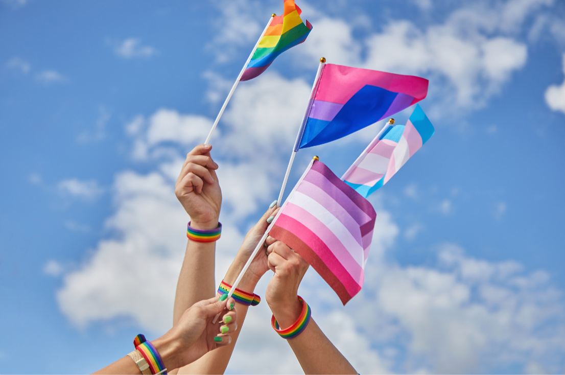 Four hands holding up various lgbtq+ pride flags with a blue sky behind them