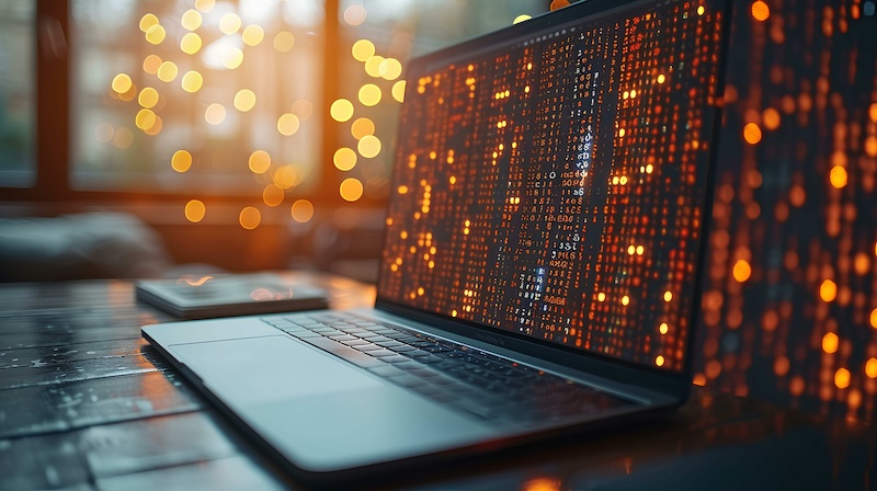 laptop on table with orange circles surrounding it