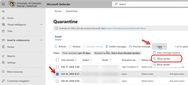 Screenshot with arrows pointing to the checkbox beside a message and the More menu with Allow Sender circled.